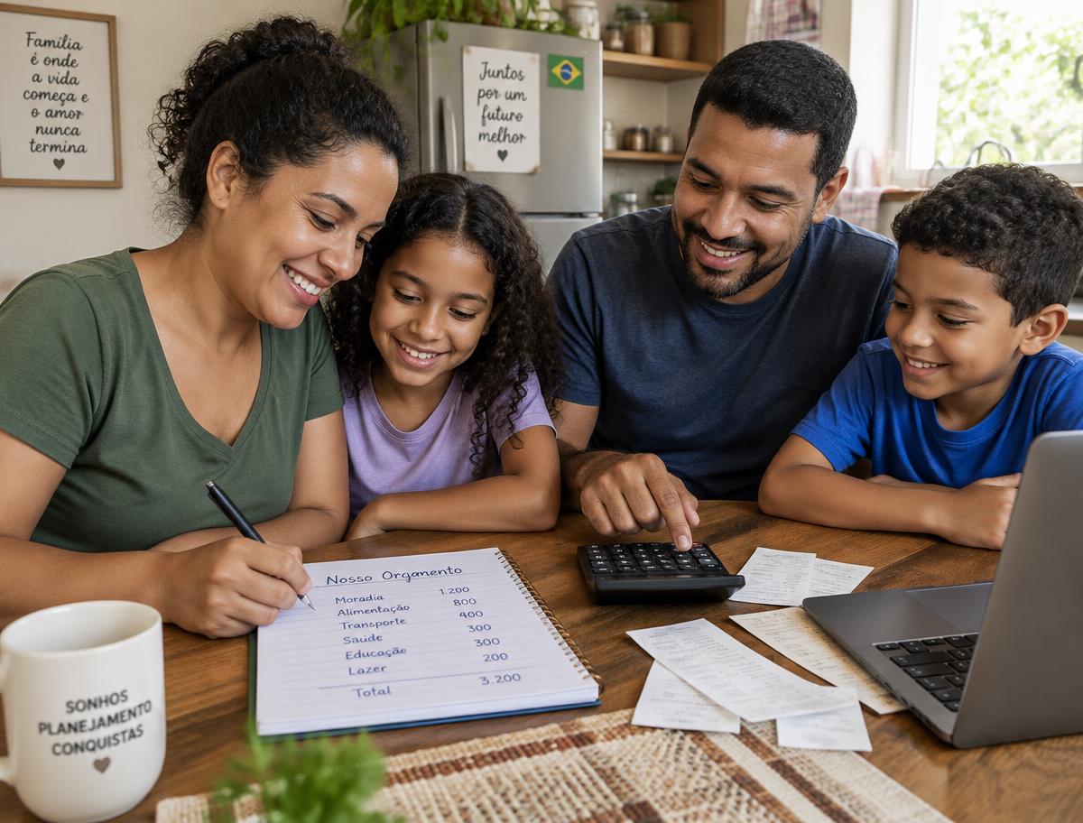 Família organizando o orçamento doméstico à mesa